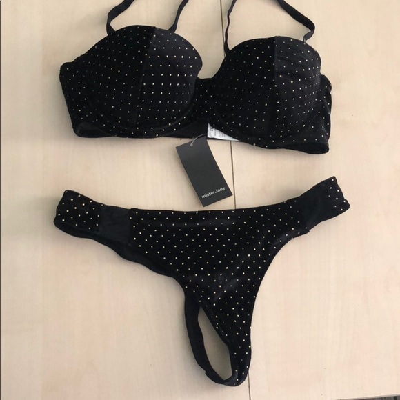 Classy Black Studded Velvet Bra Thong Set - Picture 4 of 9